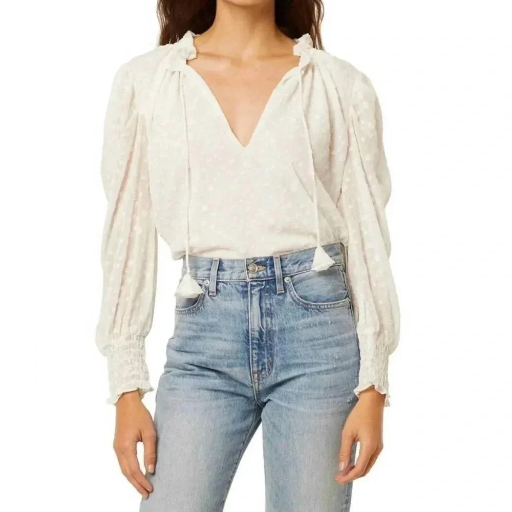 MISA LOS ANGELES Siena Clip Dot Top in Pearl White Womens XS